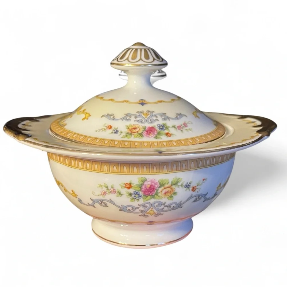 Vtg Meito China Empire Pattern Covered Sugar Bowl Windsor Shape Gold & Blue - Picture 6 of 8